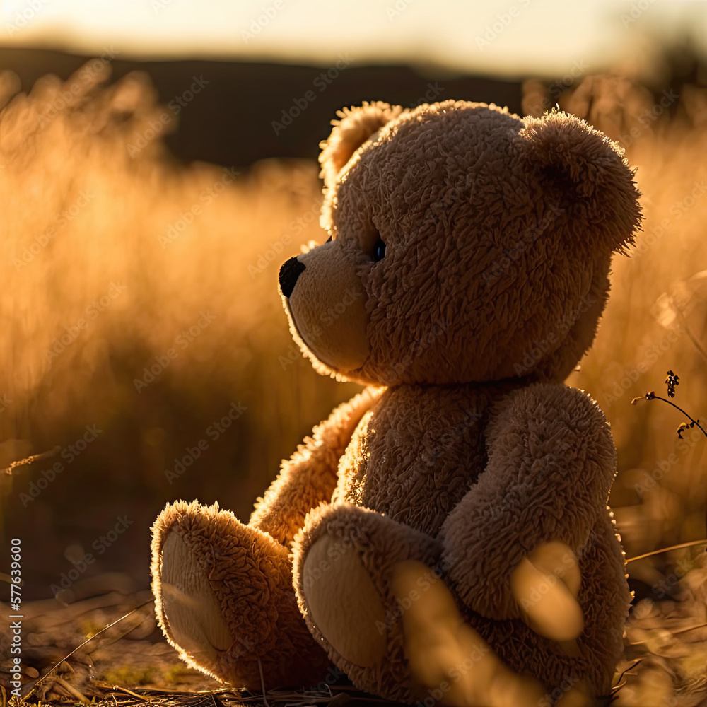 Teddy Bear In Field At Golden Hour, Generated AI, Generated, AI Stock ...