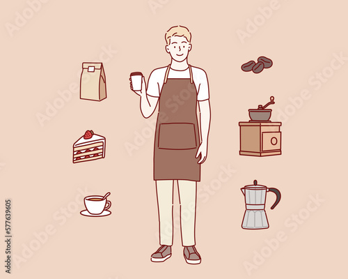 Man holding a paper coffee cup. coffee items and barista. Hand drawn style vector design illustrations.