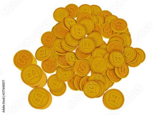 Money coins and tokens piled and stacked on isolated background 3D render illustration