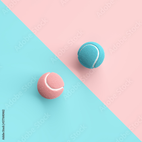 Competition, diversity, opposition, gender differences or confrontation concept. Blue and pink tennis balls on blue and pink spilt tone background.