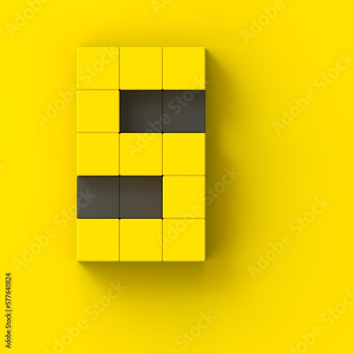 Volumetric number 5 from cubes on a yellow background. 3d render.