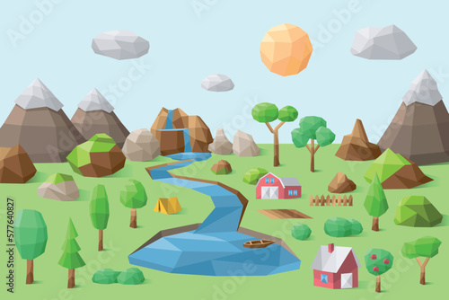Abstract polygonal green landscape with mountains, hills, clouds, farm and trees. Modern geometric vector illustration.