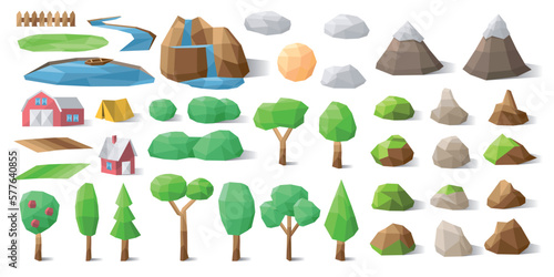 Polygonal landscape constructor icons set. Trees, mountains, hills, waterfall, river, lake, clouds and sun. Low poly vector illustration. Creator kit. Cute scene maker.