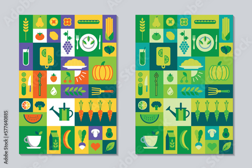Healthy organic vegan food. Preparation of dietary meals. Set of icons in flat geometric style. Vegetarian cafe. Vegetables, fruits, green tea, smoothies and salads. 