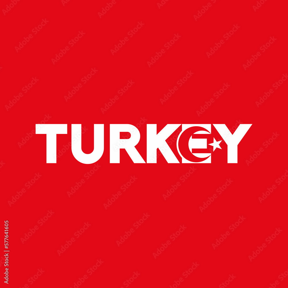 Turkey text lettering design with flag illustration on letter E. Turkey word with flag design. Turkey flag. Turkey text lettering design with flag illustration on letter E. Turkey word with flag design. Turkey flag.