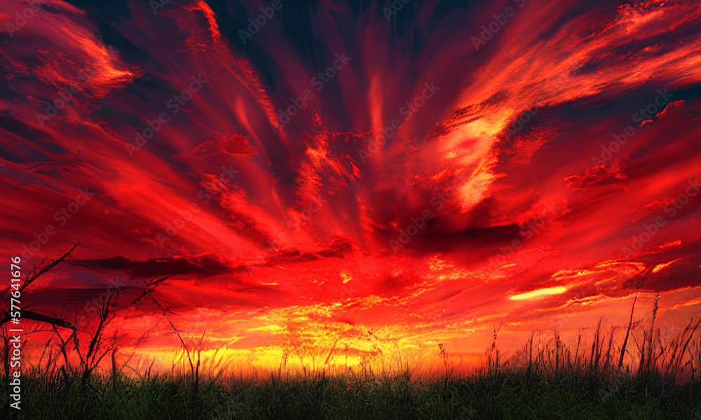 Fiery Dramatic Sunset Sky: A Bright Red Evening Sky with Clouds, Perfect for Magical and Fantasy Designs Fiery Dramatic Sunset Sky: A Bright Red Evening Sky with Clouds, Perfect for Magical and Fantasy Designs