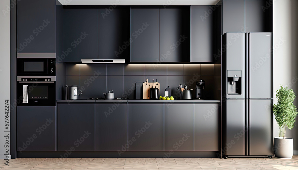 Modern kitchen design, interior design. Just black. For designers and architects. Graphics for a blog or article. Generative AI Modern kitchen design, interior design. Just black. For designers and architects. Graphics for a blog or article. Generative AI