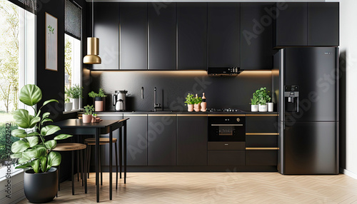 Modern kitchen design, interior design. Just black. For designers and architects. Graphics for a blog or article. Generative AI