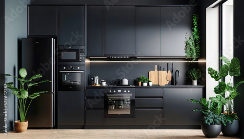 Modern kitchen design, interior design. Just black. For designers and architects. Graphics for a blog or article. Generative AI