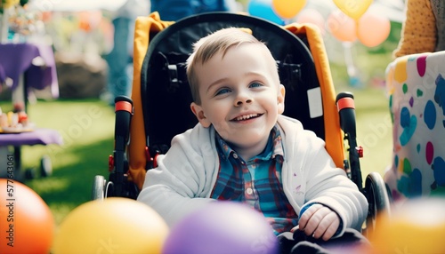 a little white boy with disabilities sits in a wheelchair and smiles in a park filled with easter eggs and bunnies, Generative AI