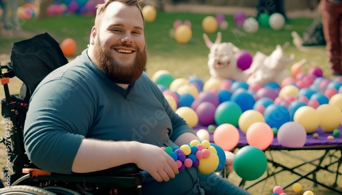 a man with disabilities sits in a wheelchair and smiles at the camera in a park filled with easter eggs and bunnies around, Generative AI