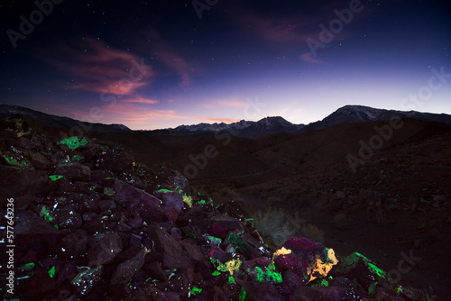 Flourescent minerals at a tailings pile in the Tungsten Hills just outside of Bishop, CA photo