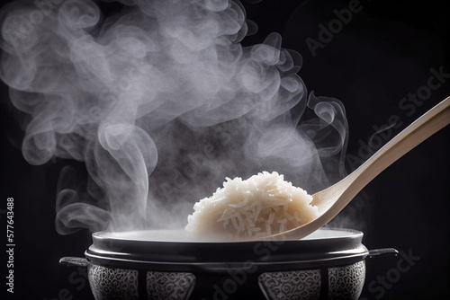 Rice ladle with hot smoke from the rice, from the rice cooker,rice bowl,black color Isolate background.
Rice cooker,rice bowl and smoke selective focus. photo