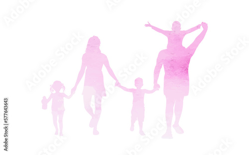Silhouette of a pink color family holding hands. Watercolor large happy family. Vector illustration