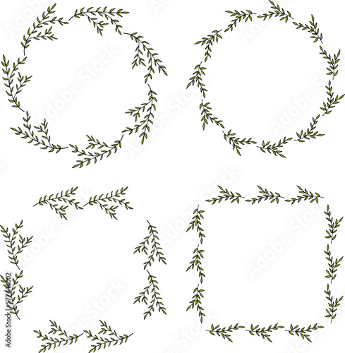 Set of frames with enchanting green branches on white background. Vector image.