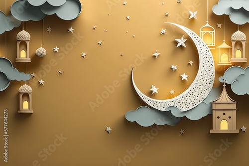 Paper craft origami design for Eid Mubarak Ramadan background with clouds, lanterns, moon and star. Photo generative AI photo