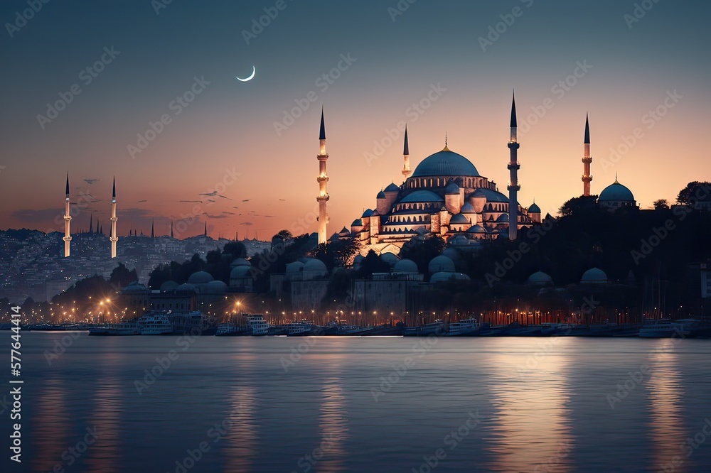 Fototapeta premium View of Blue Mosque and Hagia Sofia at Sunset from Uskudar, Istanbul, Turkey. Photo generative AI