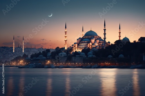 View of Blue Mosque and Hagia Sofia at Sunset from Uskudar  Istanbul  Turkey. Photo generative AI