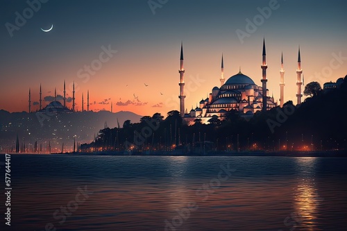 View of Blue Mosque and Hagia Sofia at Sunset from Uskudar, Istanbul, Turkey. Photo generative AI