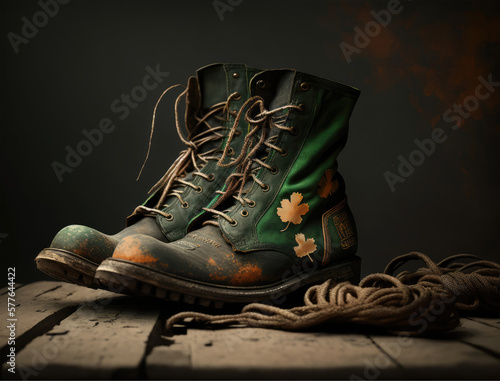 Green leprechaun boots, leprechaun shoes on a dark brown background. St. Patrick's Day concept. Irish holiday wallpaper. Generative ai illustration