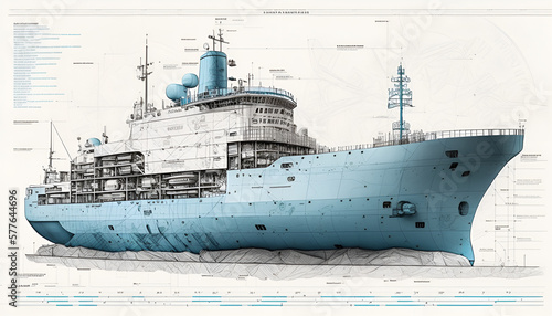 Fotografia blue print ,sketch style,for cargo ship, high quality, clear features, side view