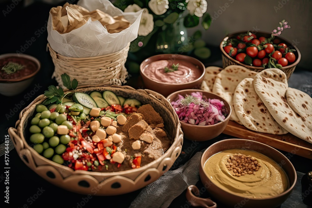 Vegetarian Arabic Buffet Dips & Bread Basket. Photo generative AI