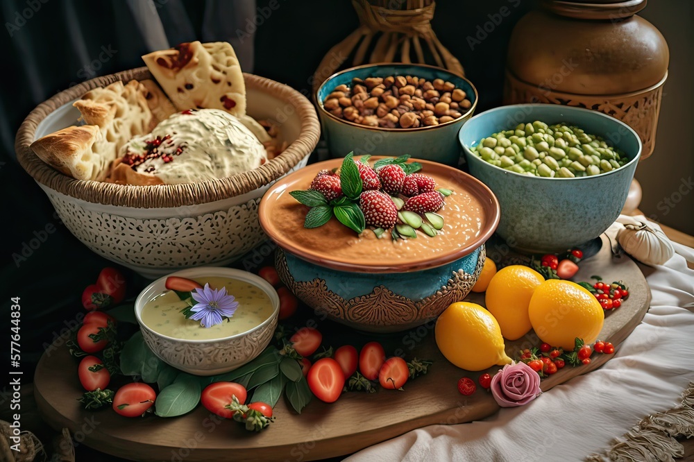 Vegetarian Arabic Buffet: Dips & Bread Basket. Photo generative AI Vegetarian Arabic Buffet: Dips & Bread Basket. Photo generative AI