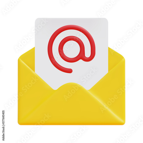 3d mail envelope with letter and arroba icon vector. Isolated on white background. 3d subscribe to newsletter concept. Cartoon minimal style. 3d email icon vector render illustration.