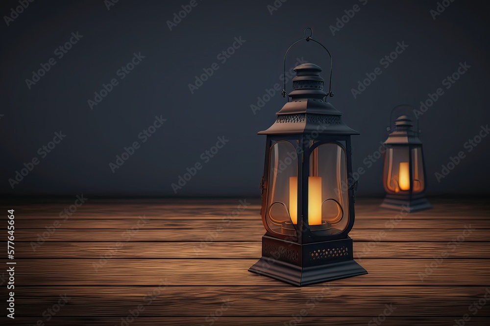 Black Lanterns on Wooden Dark Background. Photo generative AI Black Lanterns on Wooden Dark Background. Photo generative AI