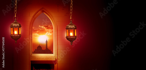 Mosque window. Islamic greeting Eid Mubarak cards for Muslim Holidays.Eid-Ul-Adha festival celebration.Arabic  Lantern.Ramadan Kareem background.