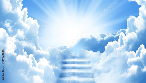 Stairway to Heaven.Stairs in sky. Concept with sun and clouds. Religion background with copy space.