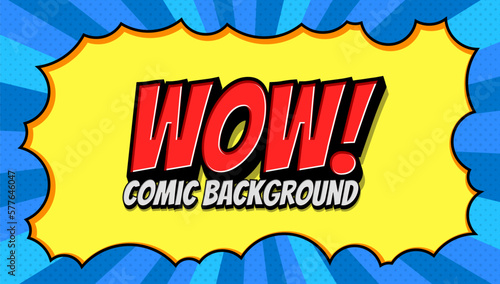 wow comic background with yellow speech bubble and blue bright background