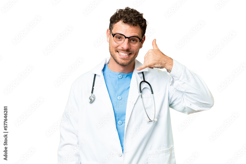Brazilian doctor man over isolated chroma key background making phone gesture. Call me back sign