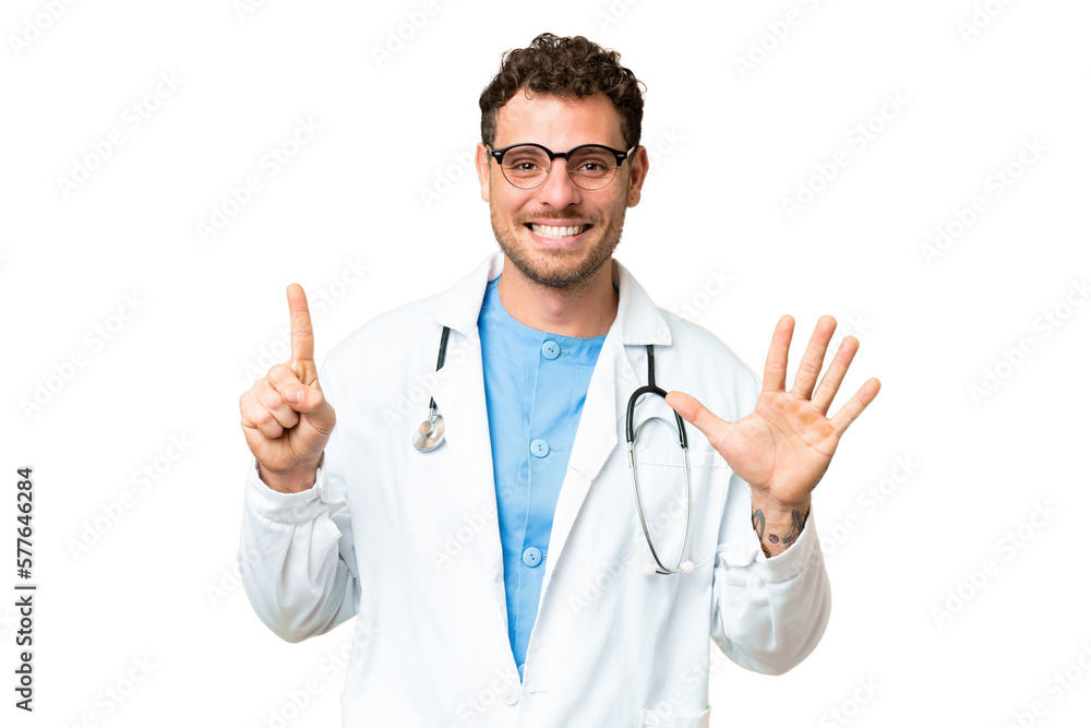 Brazilian doctor man over isolated chroma key background counting six with fingers
