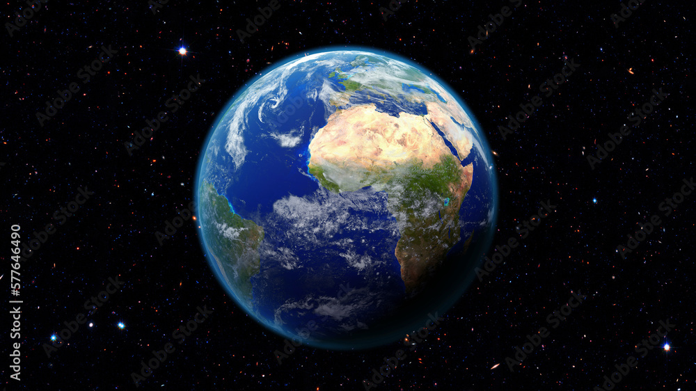 Earth planet over starfield in deep space. Science fiction fictional cosmic background with earth globe and stars with NASA earth textures, detailed 3D render illustration.