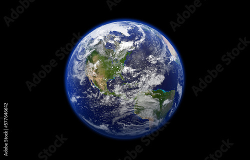 Earth planet over starfield in deep space. Science fiction fictional cosmic background with earth globe and stars with NASA earth textures, detailed 3D render illustration.