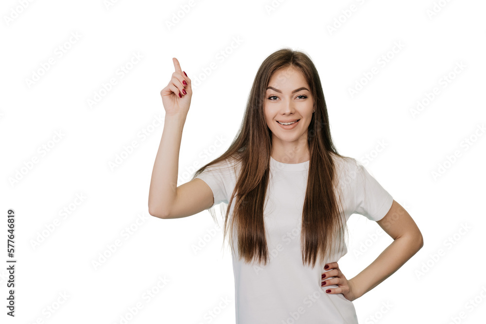 Pretty blonde caucasian young woman in white t-shirt with loose hair points up at empty space by index finger, smiles wide. Cute Italian girl looking at camera over transparent background, discount Pretty blonde caucasian young woman in white t-shirt with loose hair points up at empty space by index finger, smiles wide. Cute Italian girl looking at camera over transparent background, discount