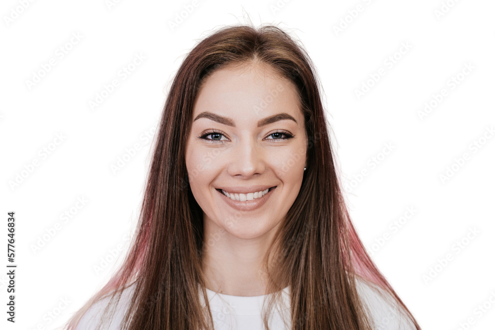 Close up portrait of cheerful caucasian young woman broad smiling looking at camera against transparent background. Happy people. Happy model with loose hair satisfied, toothy smiling.. Close up portrait of cheerful caucasian young woman broad smiling looking at camera against transparent background. Happy people. Happy model with loose hair satisfied, toothy smiling..