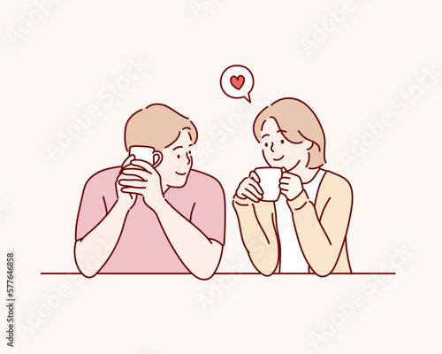 Couple in love drinking coffee. Hand drawn style vector design illustrations.