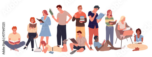 Group of people reading books. Literature fans vector flat illustration. Students studying and preparing for examination. 