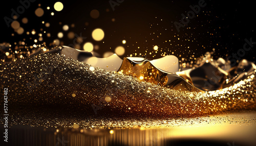 Golden glitter sparkles flowing in wave abstract background, Generative AI