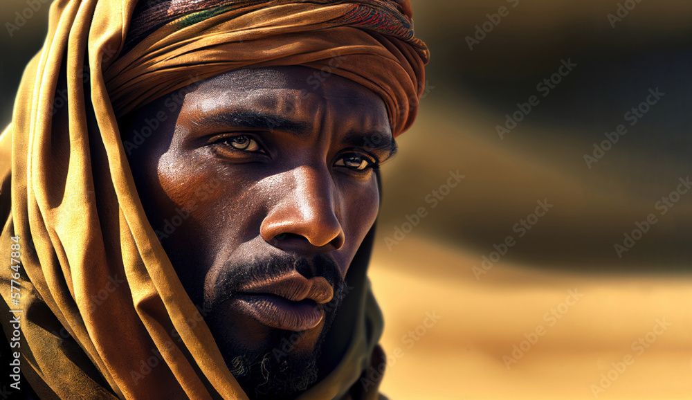 Tuareg man portrait close up, desert background. Generative AI