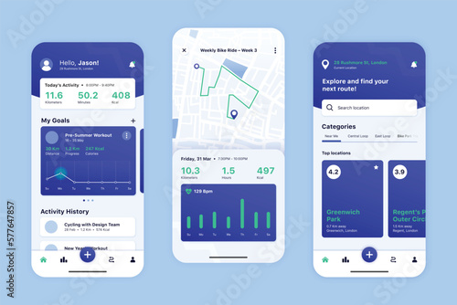 cycling mobile app fitness workout concept uiux user interface blue minimal design mockup illustration