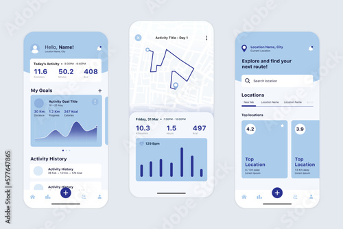 cycling mobile app fitness workout concept uiux user interface blue graph tracking  wireframe minimal design mockup illustration photo