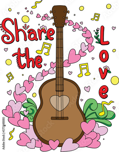 Share the love font with guitar and heart music element. Hand drawn with inspiration word. Doodles art for Happy Valentine's day card or greeting card. Coloring book for adults and kids.
