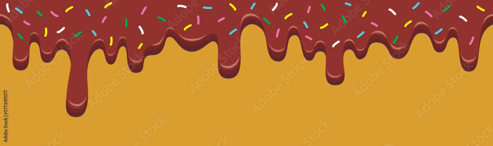 Seamless pattern border with sweet melting chocolate with colorful sprinkles. Vector illustration