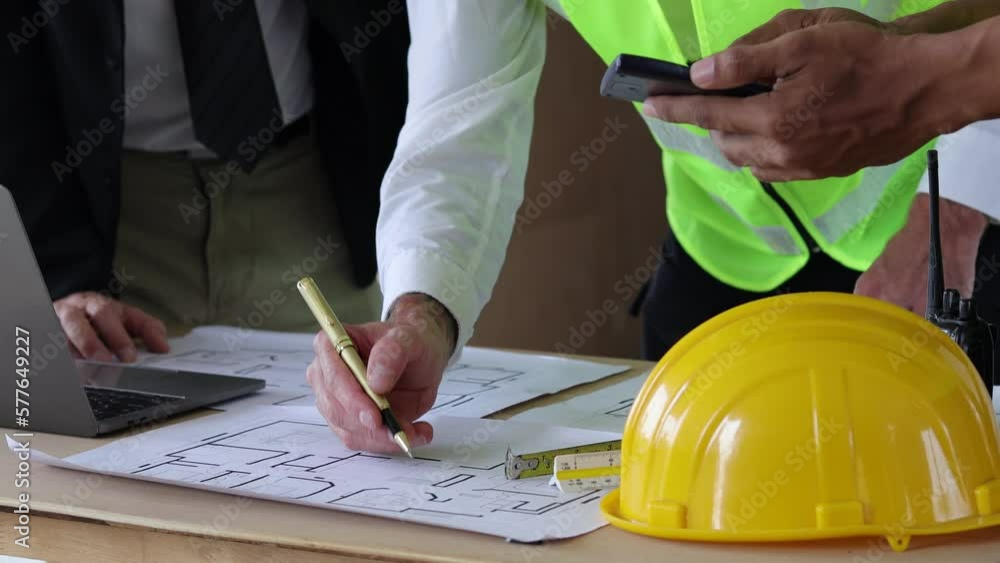 Businessmen and construction engineer discuss planning a construction project. Architect and building contractor brainstorm plan to design construction project on blueprint. Cooperation and teamwork. Businessmen and construction engineer discuss planning a construction project. Architect and building contractor brainstorm plan to design construction project on blueprint. Cooperation and teamwork.