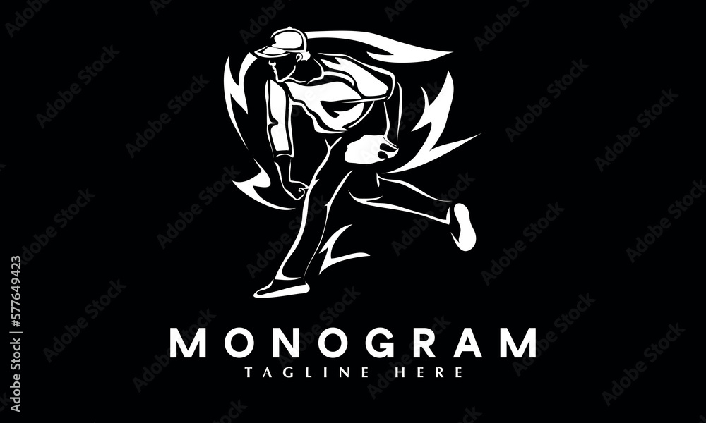 Baseball Bowling player throwing ball abstract monogram vector logo template