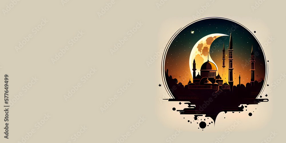mosque islamic illustration background. Islamic Greeting Cards for Muslim Holidays and Ramadan, ramadan kareem, mawlid, iftar, eid al fitr adha, muharram, copy space. generative ai