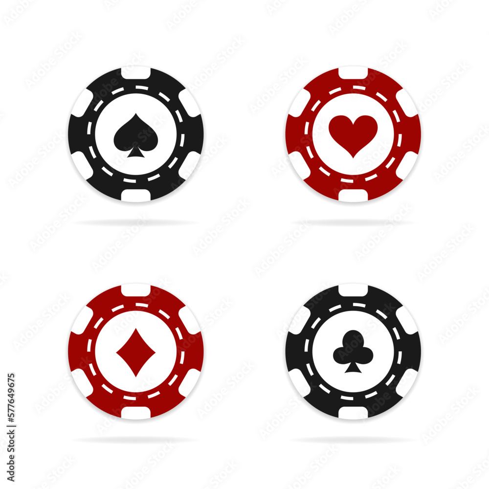 Poker and casino chips. Chips in front view. Casino chips icon set. Red and black chips. Vector on isolated white background. Poker and casino chips. Chips in front view. Casino chips icon set. Red and black chips. Vector on isolated white background.